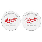 Two Milwaukee circular saw blades: 10-inch general purpose blade with 40 teeth and fine finish blade with 60 teeth.