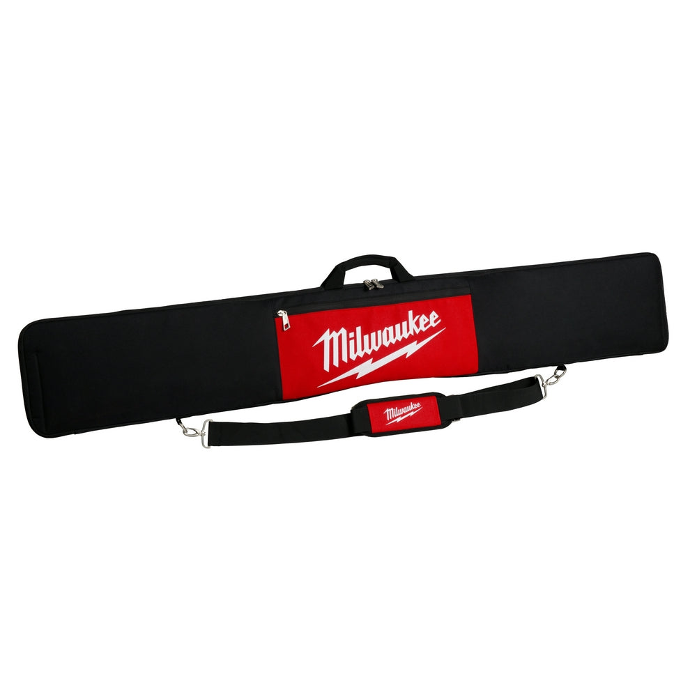 Black canvas guide rail bag with red Milwaukee branding, padded handle, and detachable shoulder strap.