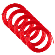 Five red trimmer line spools coiled and stacked diagonally against white background.