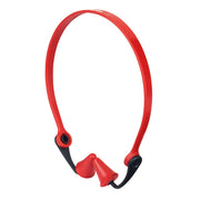 Red banded ear plugs with black earpieces connected by a flexible red band.