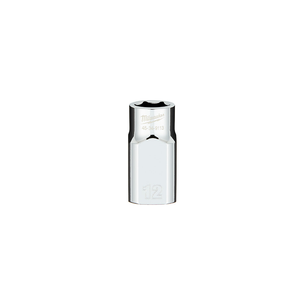 Milwaukee 12mm metric 6-point socket with 1/2 inch drive and four flat sides, chrome finish.