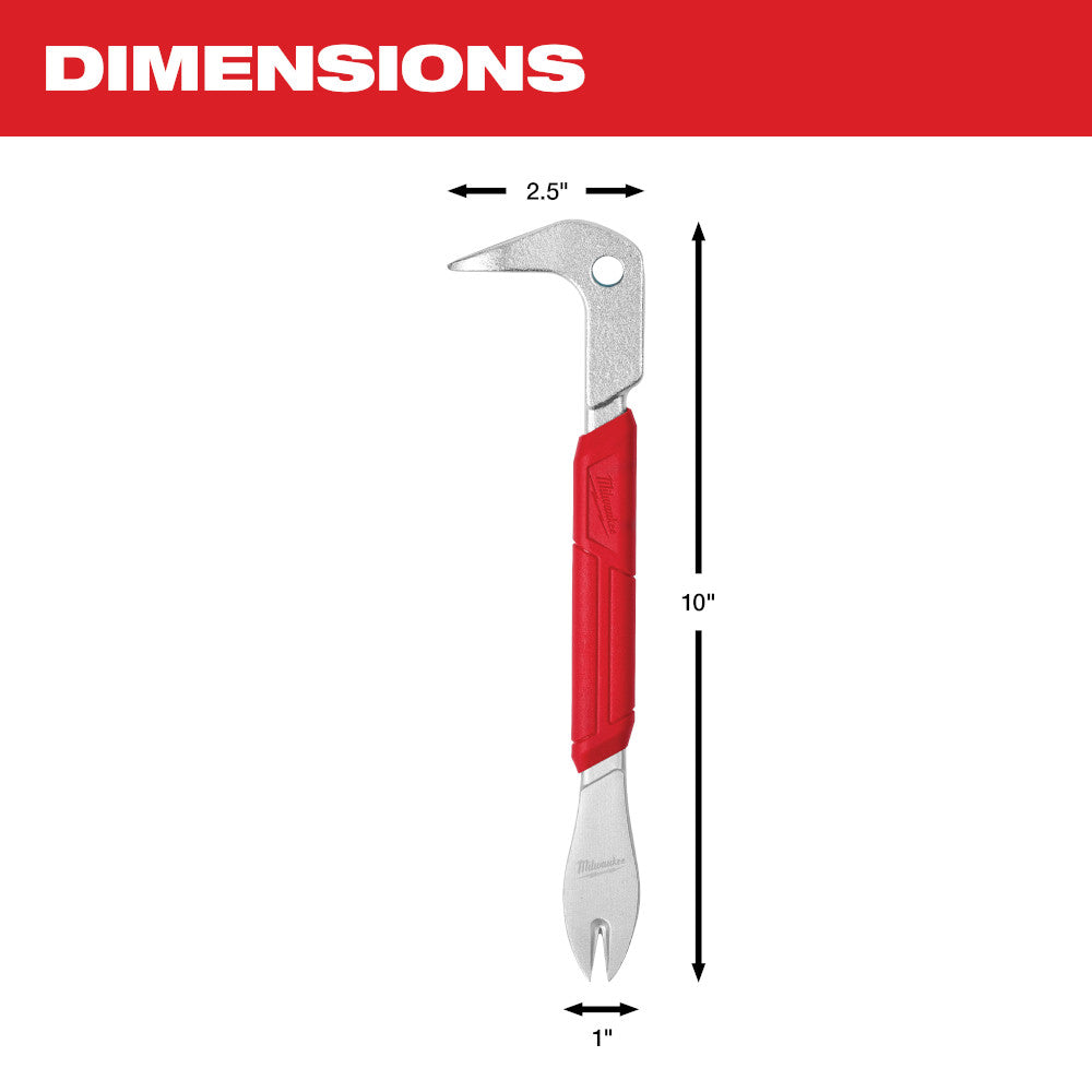 10-inch nail puller with metal head, red grip handle, and forked claw end, measuring 2.5 inches wide.