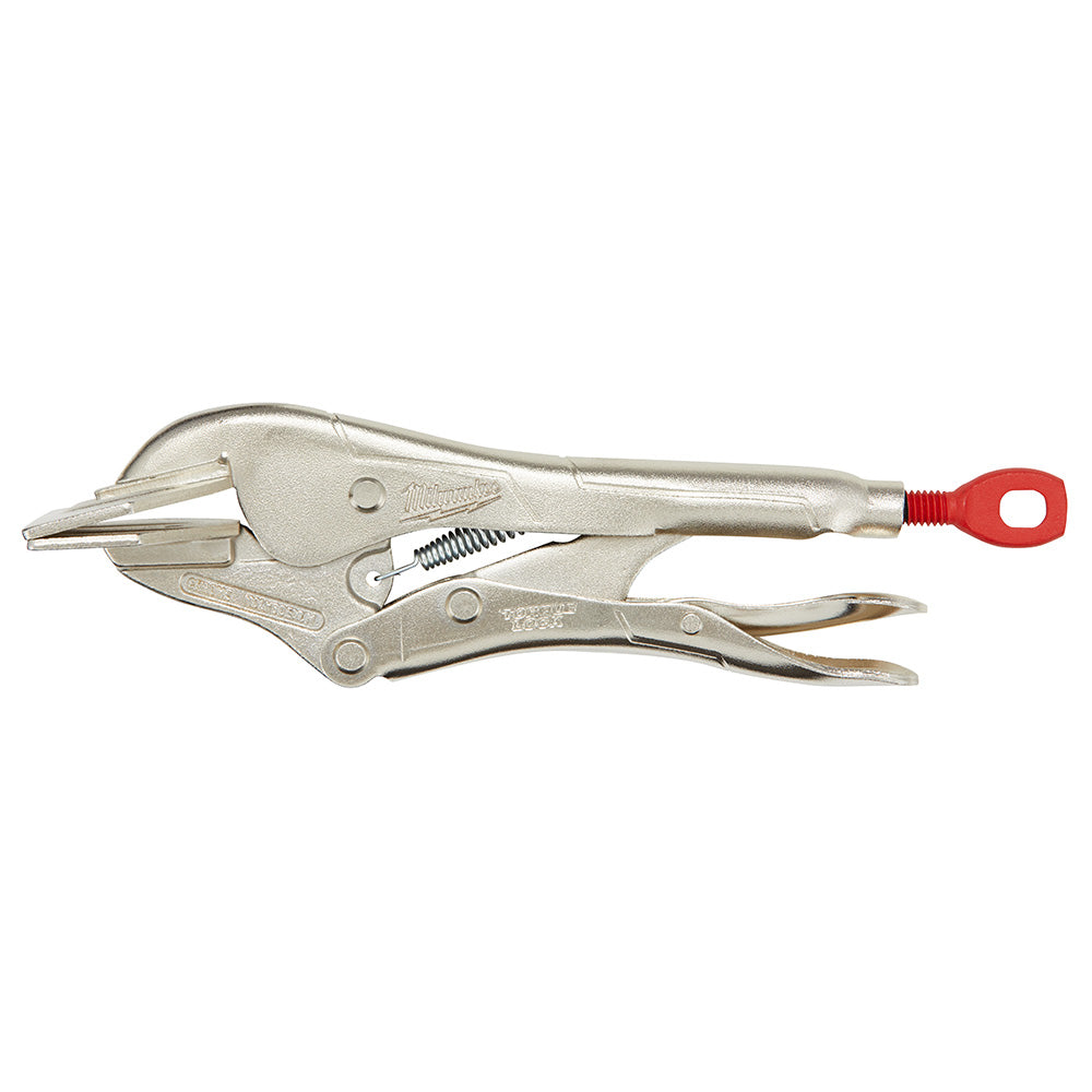 Silver metal locking seamer with red grip handle and dual jaw mechanism for sheet metal work.
