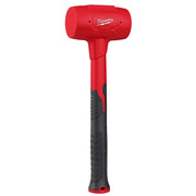 Red dead blow hammer with cylindrical head, black grip handle, and Milwaukee branding on head.