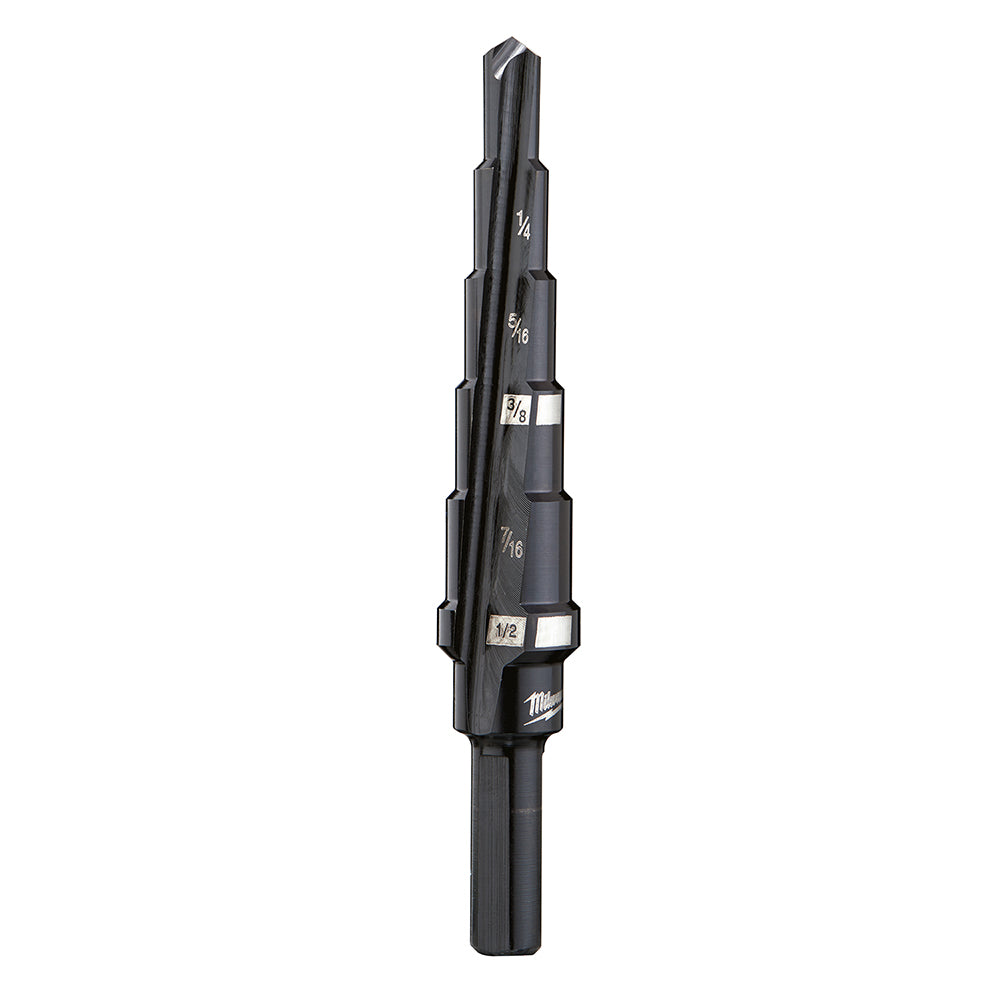 Black step drill bit with multiple cutting edges marked with size increments from 3/16 inch to 1/2 inch.