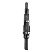 Black step drill bit with multiple cutting edges marked with size increments from 3/16 inch to 1/2 inch.