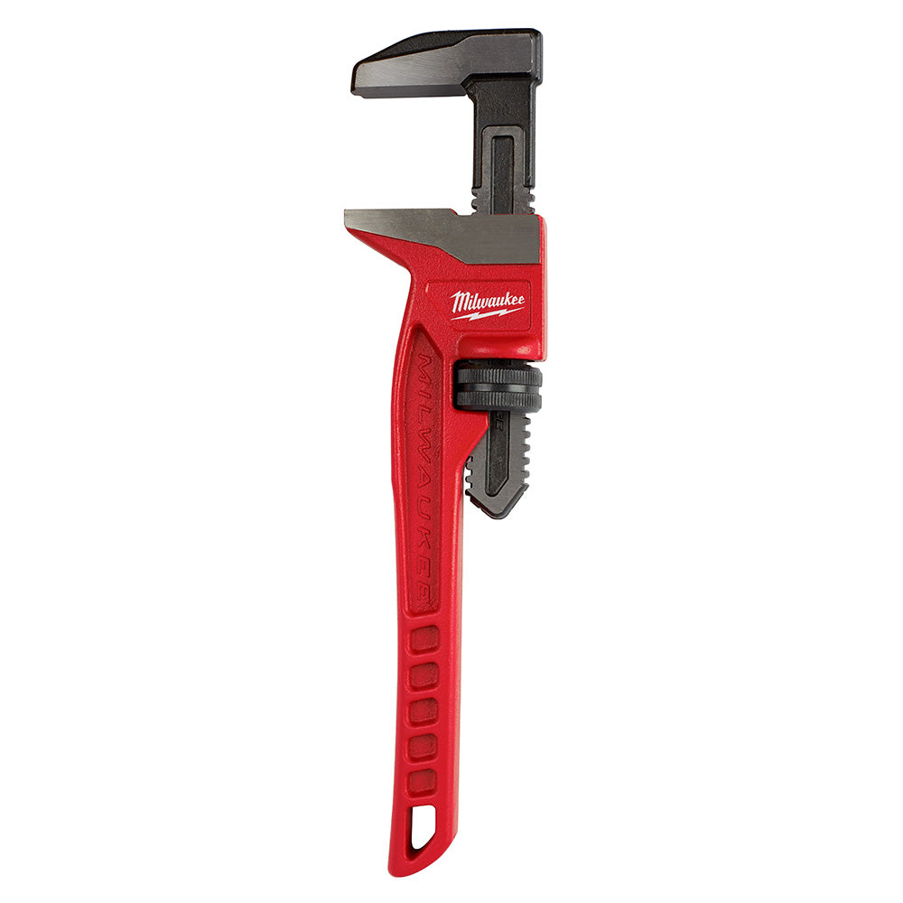 Red and black Milwaukee pipe wrench with smooth metal jaw and adjustable grip mechanism on handle.