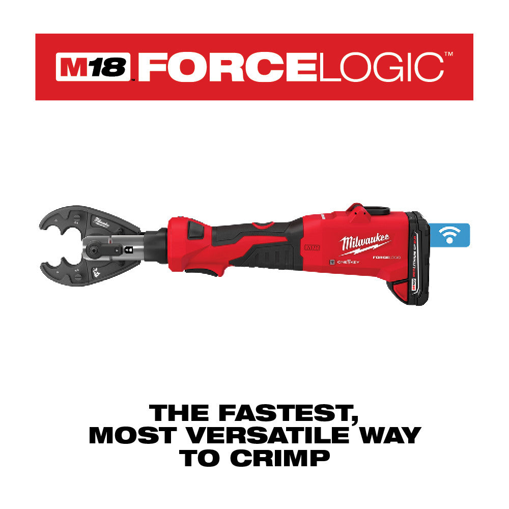 Milwaukee M18 FORCE LOGIC cordless linear crimper with red and black handle and open jaw head.