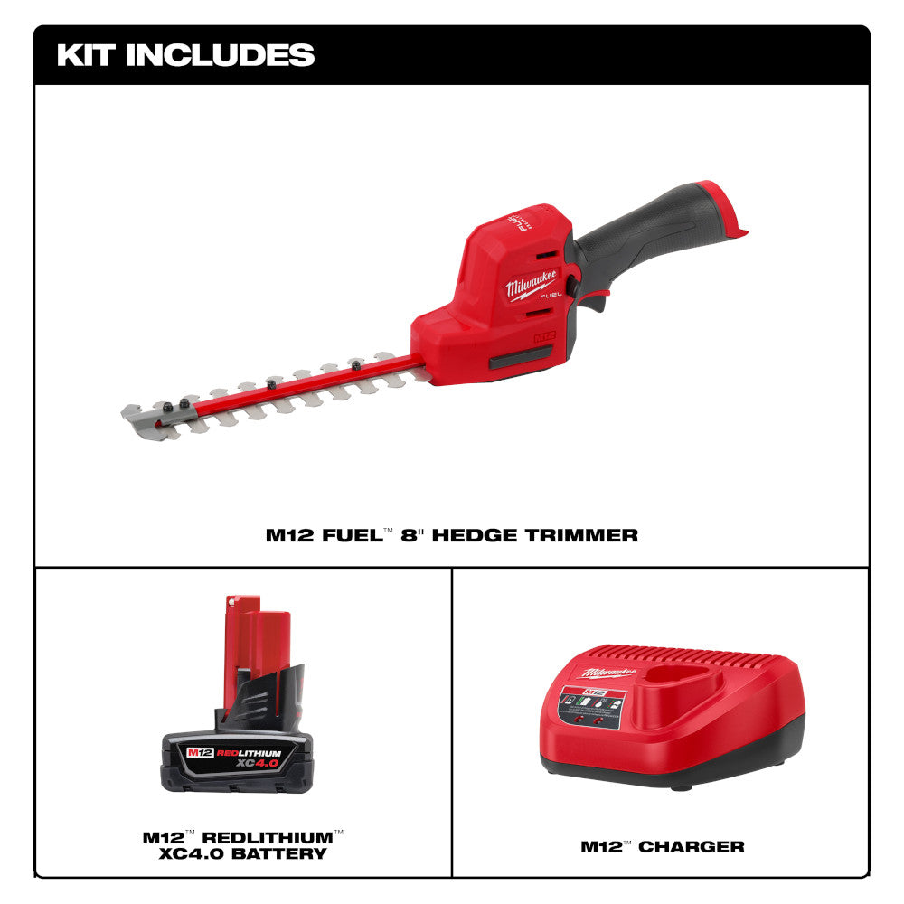 Red and black Milwaukee M12 FUEL hedge trimmer with battery and charger included.