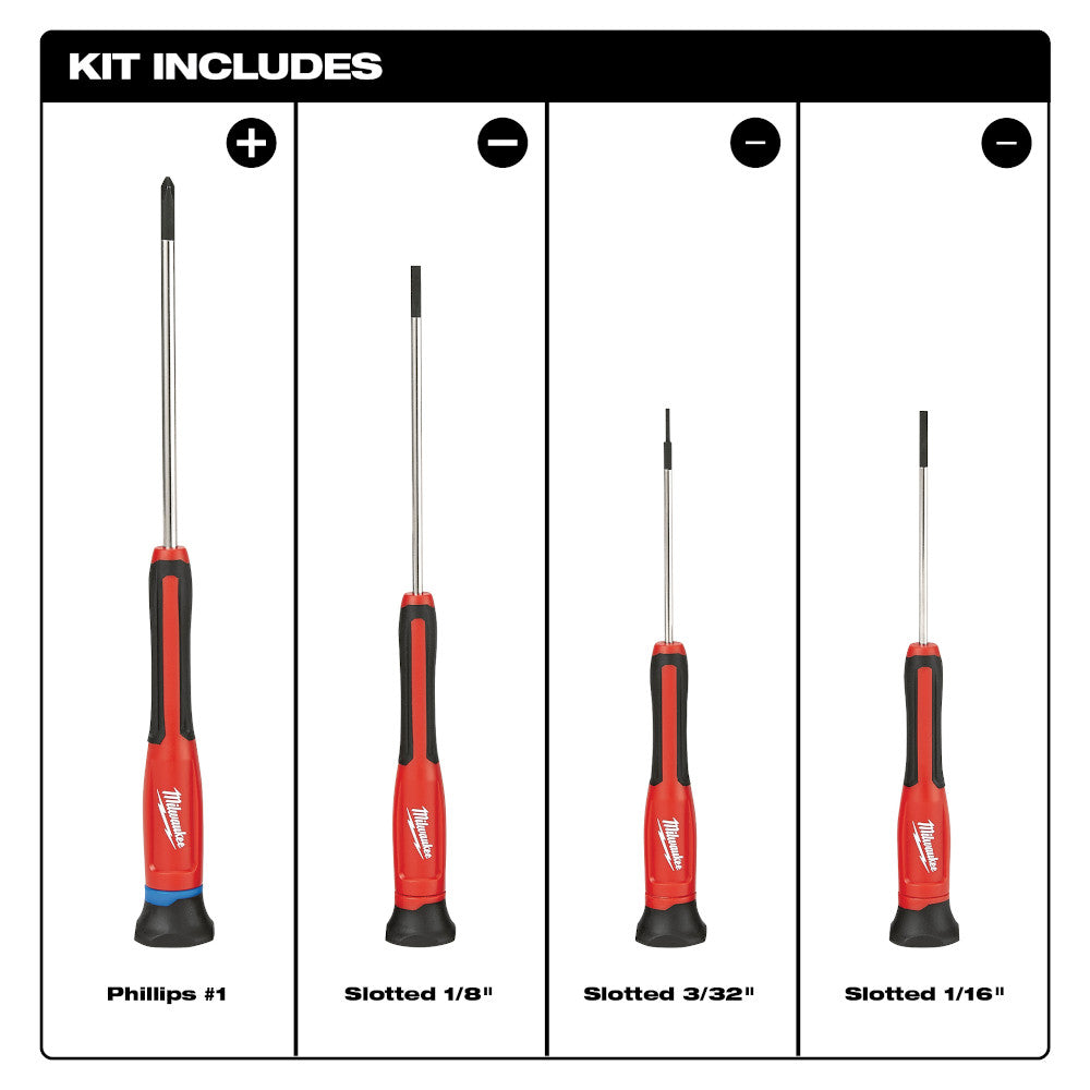 Four Milwaukee precision screwdrivers with red handles and black grips: Phillips #1, Slotted 1/8", Slotted 3/32", and Slotted