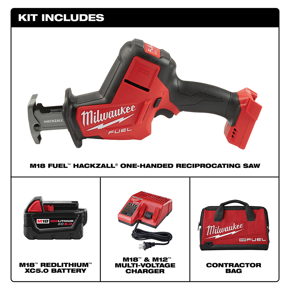 Milwaukee M18 FUEL red and black reciprocating saw with battery, charger, and contractor bag.