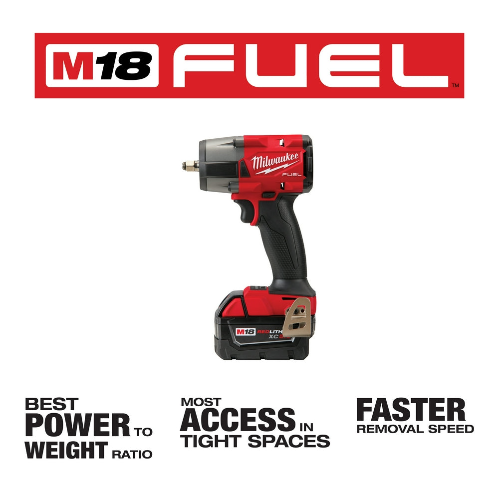 Red and black Milwaukee M18 FUEL 3/8" mid-torque impact wrench with battery and friction ring kit.