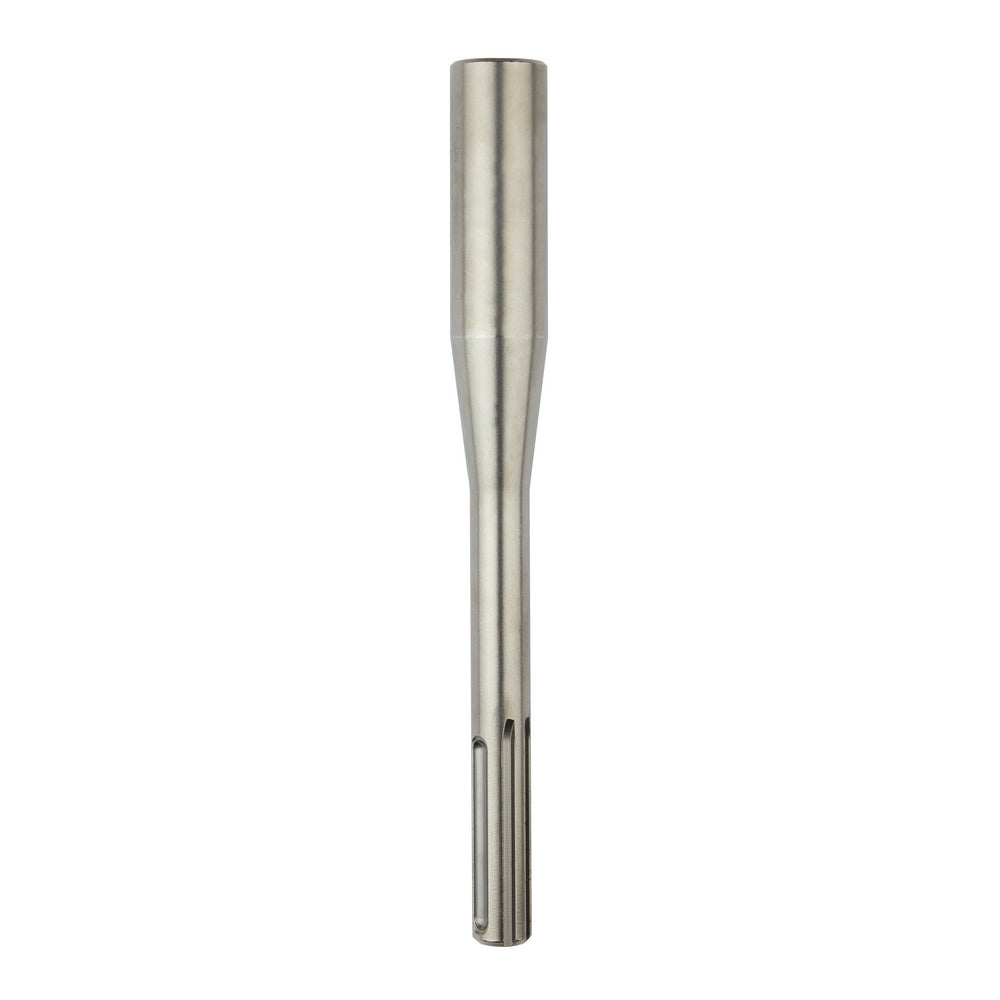 Metal SDS-Max ground rod driver bit with tapered cylindrical shaft and grooved end for hammer attachment.