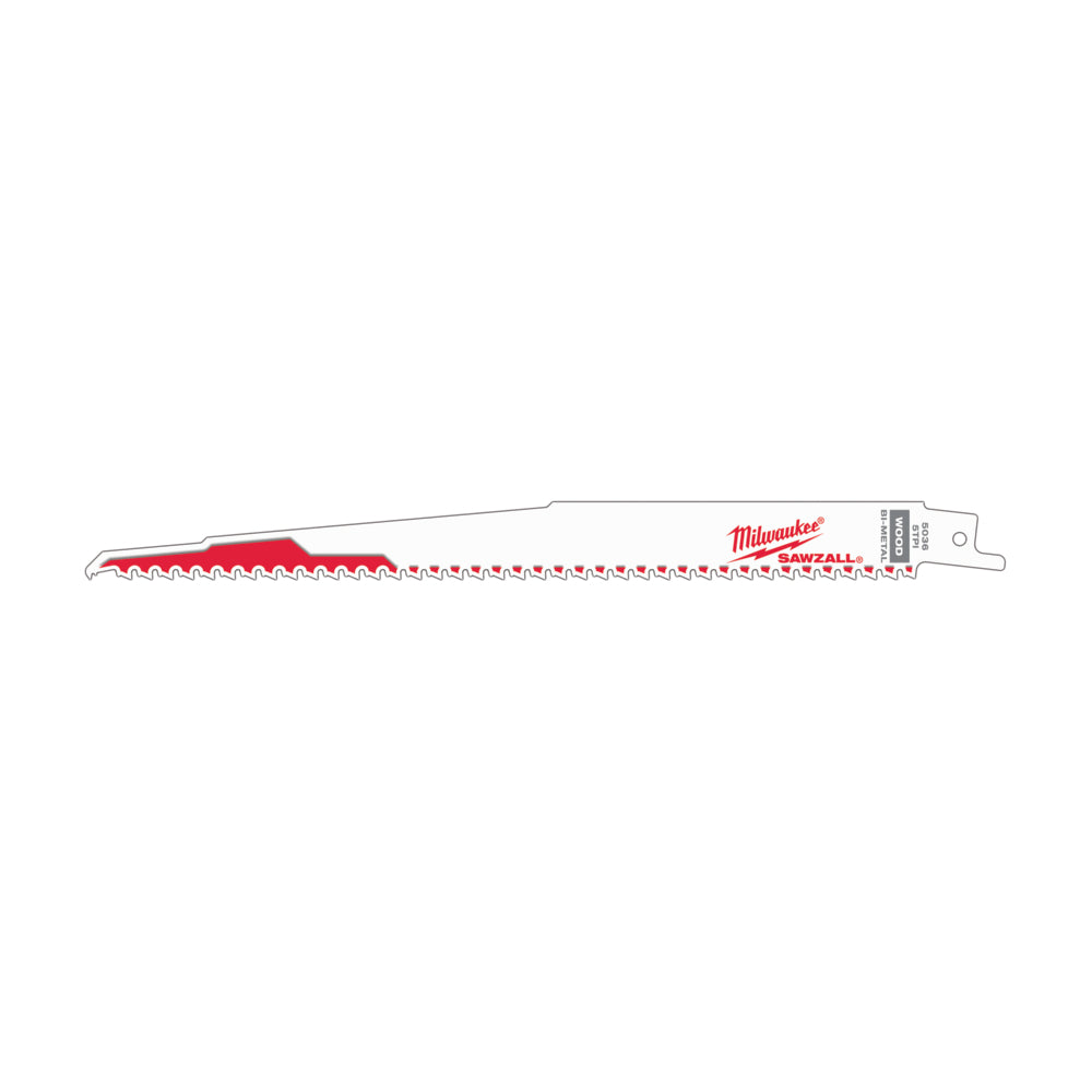 Milwaukee SAWZALL reciprocating saw blade with red backing, serrated teeth, and mounting tang.