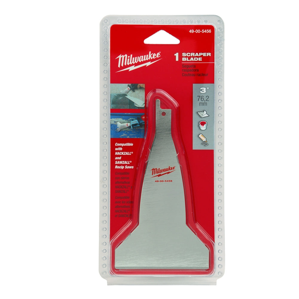 Milwaukee 3-inch scraper blade with red handle in retail packaging, model 49-00-5456.