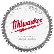 10-inch circular saw blade with 50 teeth, gray metal construction with Milwaukee branding and specifications printed on white