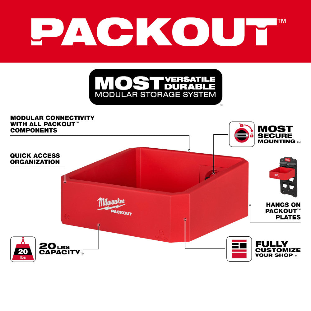 Red Milwaukee PACKOUT compact shelf with secure mounting system and 20 lbs capacity.