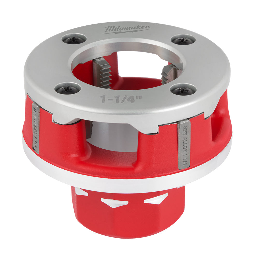 Milwaukee 1-1/4" pipe threading die head with red aluminum body and silver top plate featuring four mounting holes.
