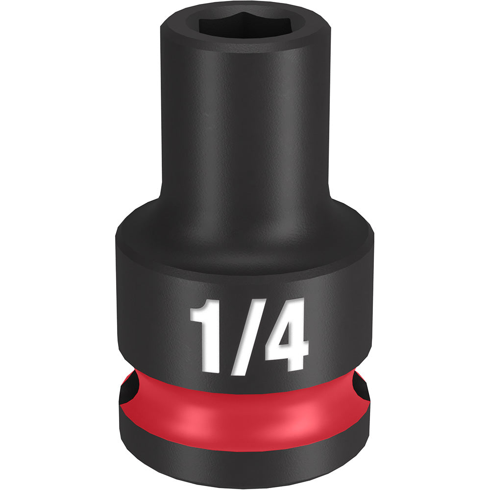 Black 1/4" impact socket with red grip band and hexagonal opening.
