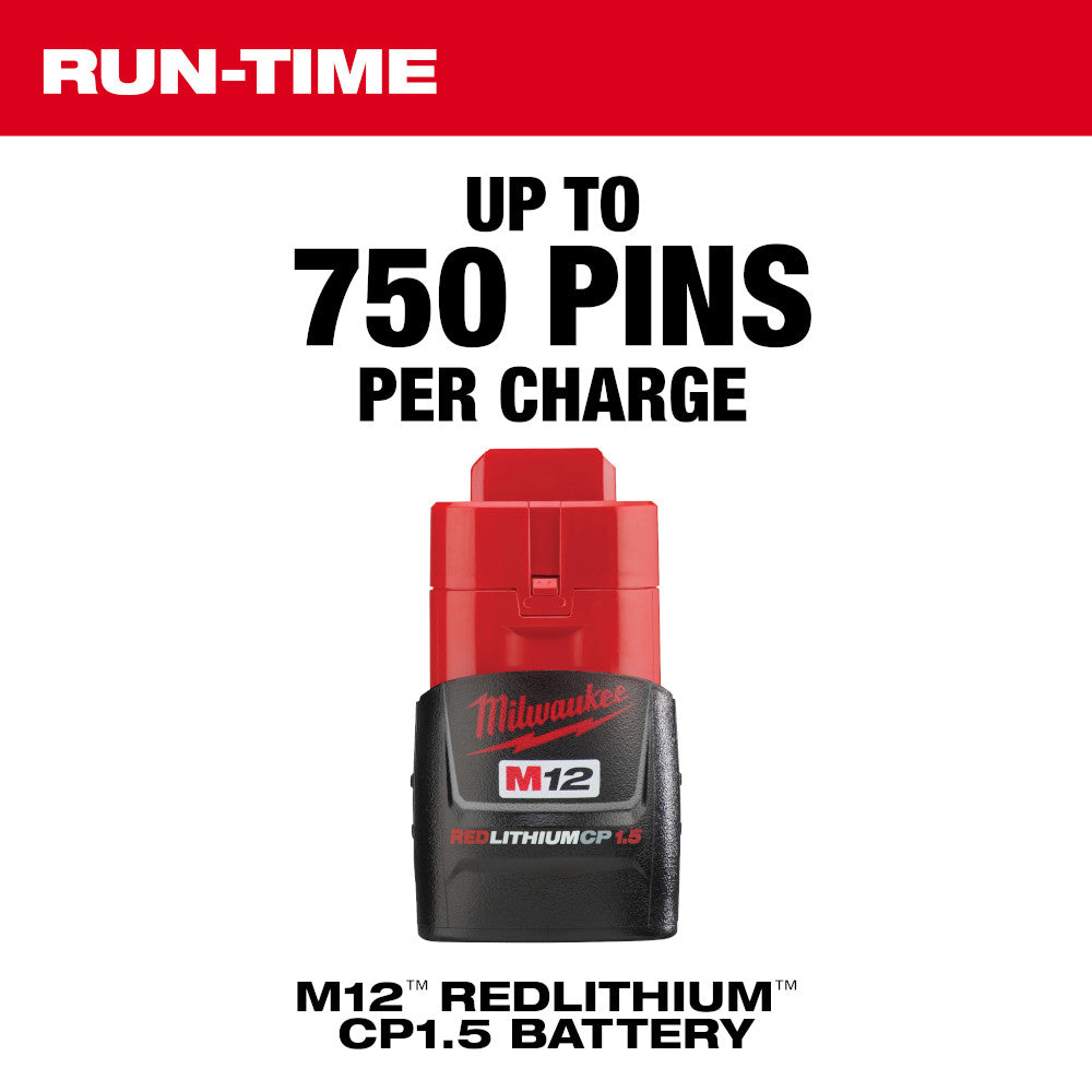 Milwaukee M12 REDLITHIUM CP1.5 battery pack with red top and black grip.