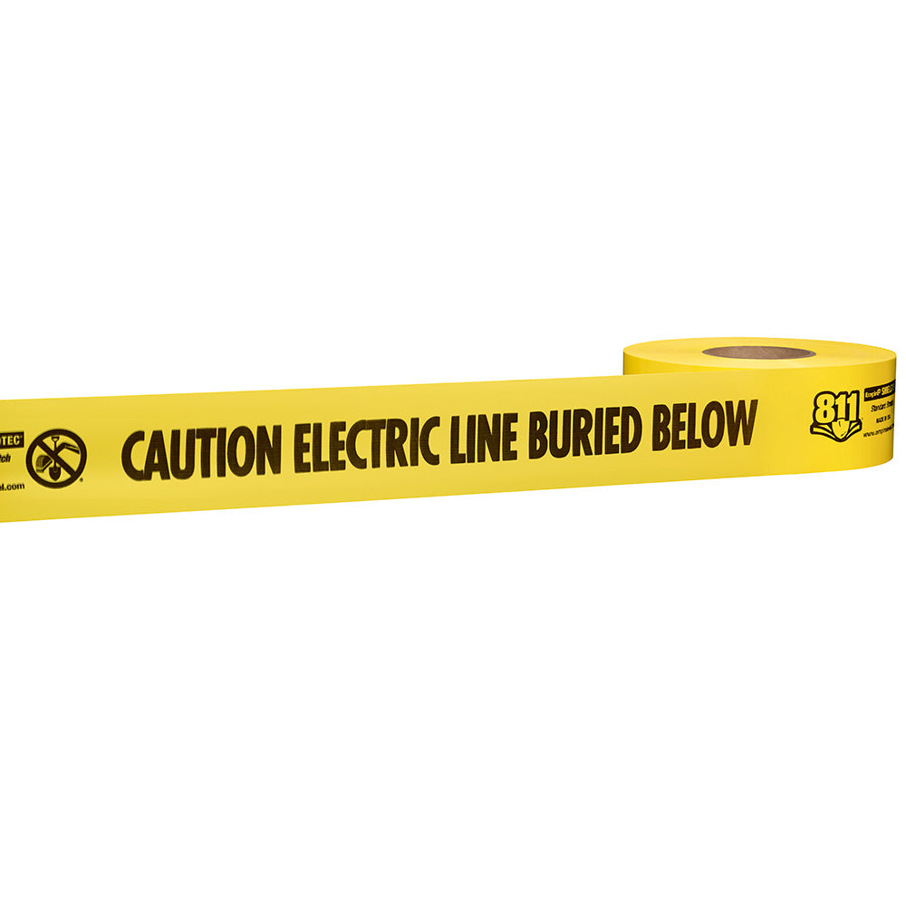 Yellow warning tape roll printed with "CAUTION ELECTRIC LINE BURIED BELOW" text and hazard symbol.