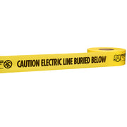 Yellow warning tape roll printed with "CAUTION ELECTRIC LINE BURIED BELOW" text and hazard symbol.