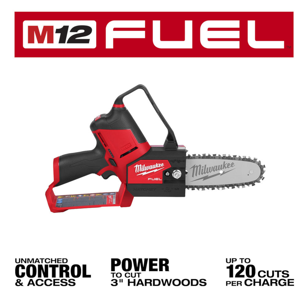 Milwaukee M12 FUEL cordless pruning saw with red and black housing, chainsaw bar, and shoulder strap.
