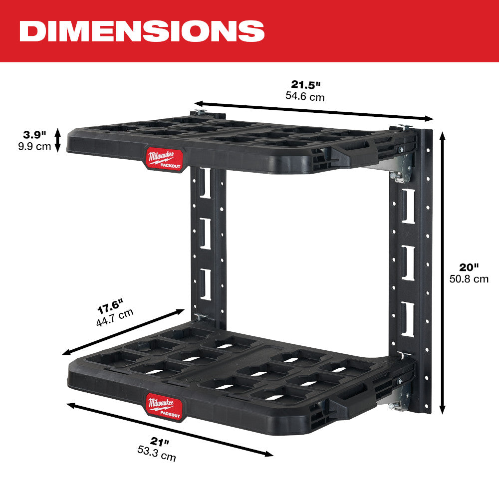 Black Milwaukee PACKOUT wall-mounted racking system with two shelves and dimension labels showing 21.5" width and 20" height.