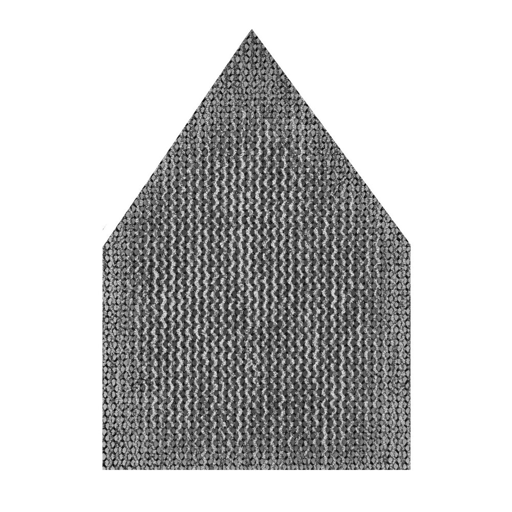 Gray mesh sanding sheet with triangular point shape and textured abrasive surface.