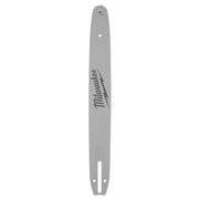Gray Milwaukee chainsaw guide bar with tapered nose, mounting holes, and brand logo on elongated metal blade.