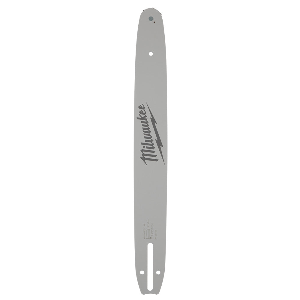 Gray Milwaukee chainsaw guide bar with tapered nose, mounting holes, and brand logo on elongated metal blade.
