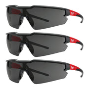 Three pairs of safety glasses with black frames, red temple arms, and dark tinted lenses stacked vertically.