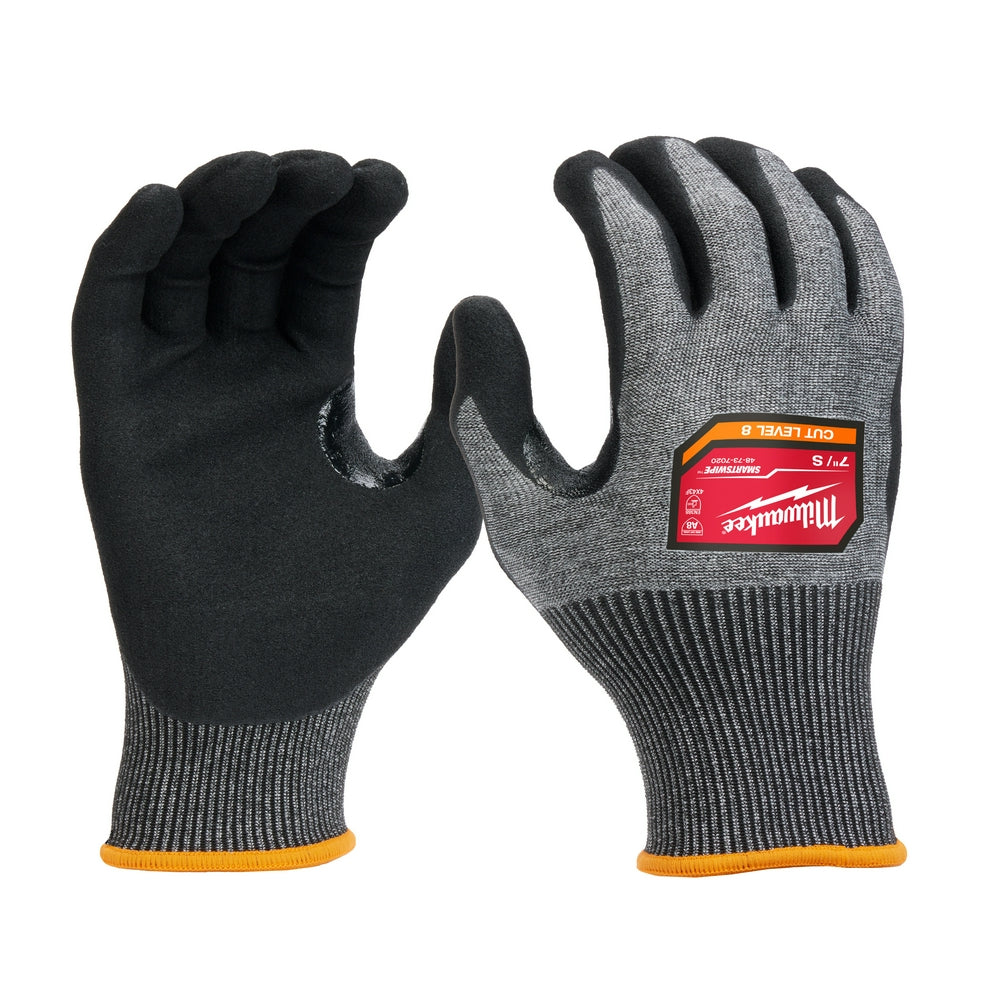 Gray knit work gloves with black nitrile palm coating and orange cuff trim, shown front and back views.