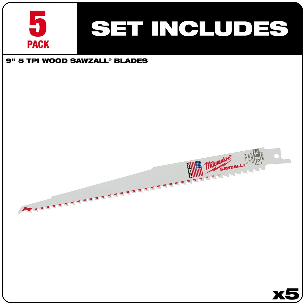 Five Milwaukee 9-inch reciprocating saw blades with 5 teeth per inch, featuring red tooth markings and mounting tabs.