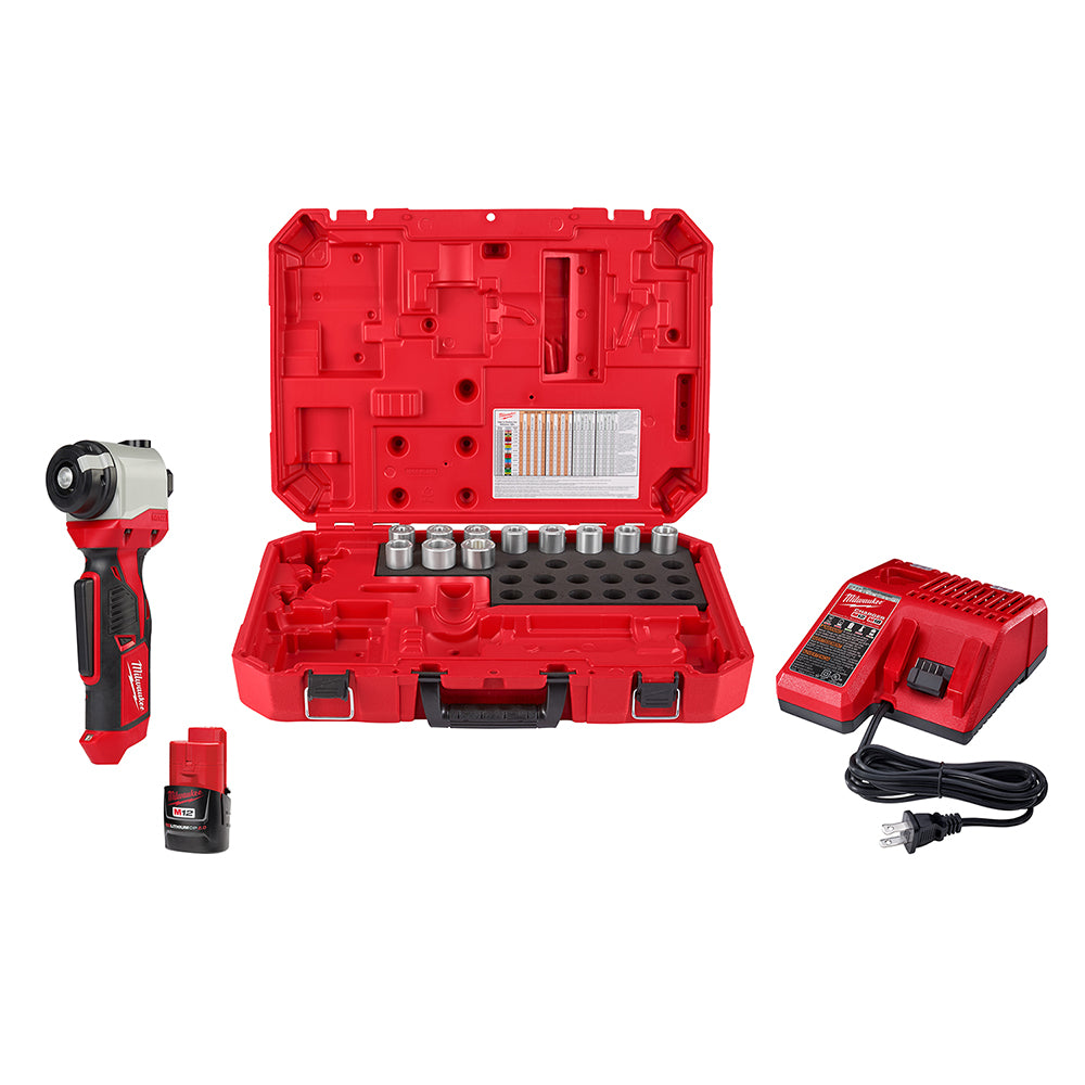 Milwaukee M12 cable stripper kit with red case, handheld stripper tool, battery, charger, and metal die heads.