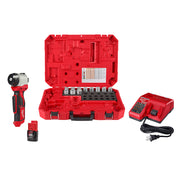 Milwaukee M12 cable stripper kit with red case, handheld stripper tool, battery, charger, and metal die heads.
