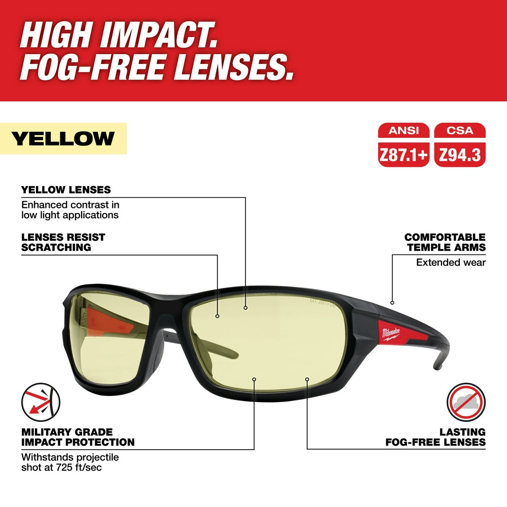 Milwaukee safety glasses with yellow lenses, black frame, and red temple arms displaying ANSI and CSA certifications.