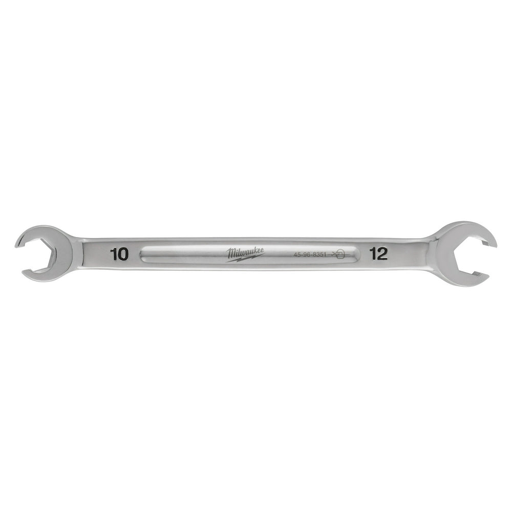 Silver double end flare nut wrench with 10mm and 12mm openings and Milwaukee branding.