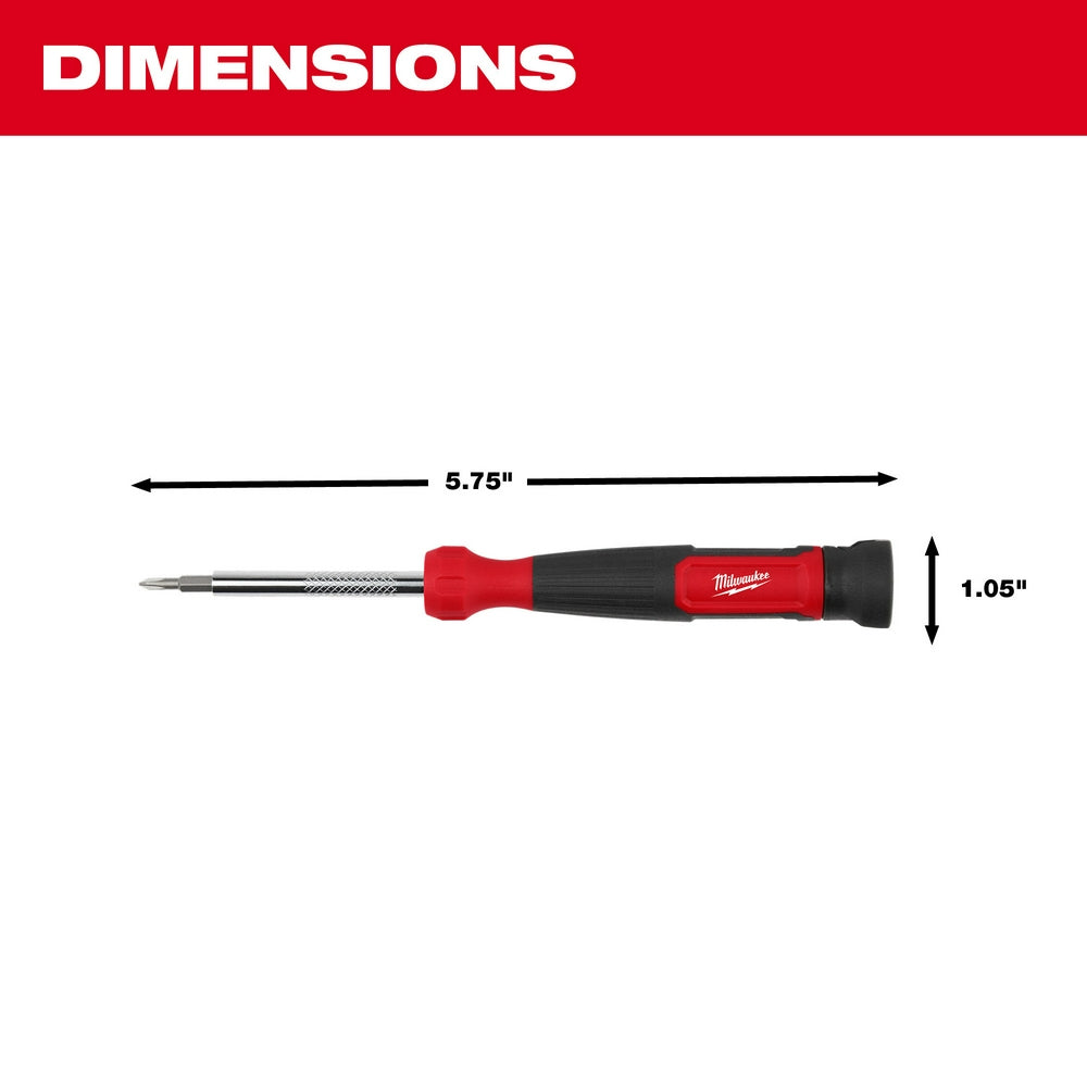 Milwaukee precision multi-bit screwdriver with red and black handle, 5.75 inches long and 1.05 inches wide.