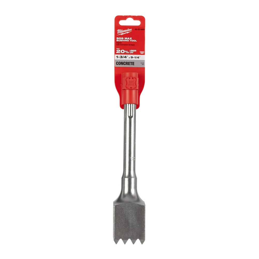 Milwaukee SDS-Max bushing tool with red plastic housing, steel shaft, and wide chisel tip with notched edges for concrete dem