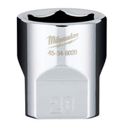 Milwaukee 3/8" drive 20mm socket with polished chrome finish and black grip band.