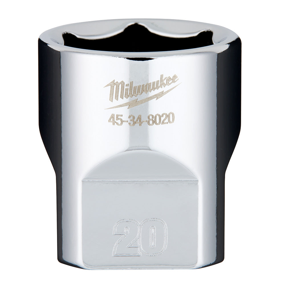 Milwaukee 3/8" drive 20mm socket with polished chrome finish and black grip band.