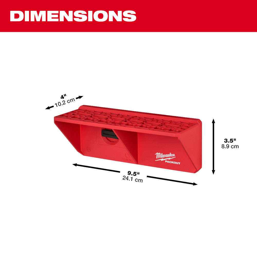 Red Milwaukee PACKOUT screwdriver rack with multiple tool slots and angled top, dimensions 9.5" x 4" x 3.5".