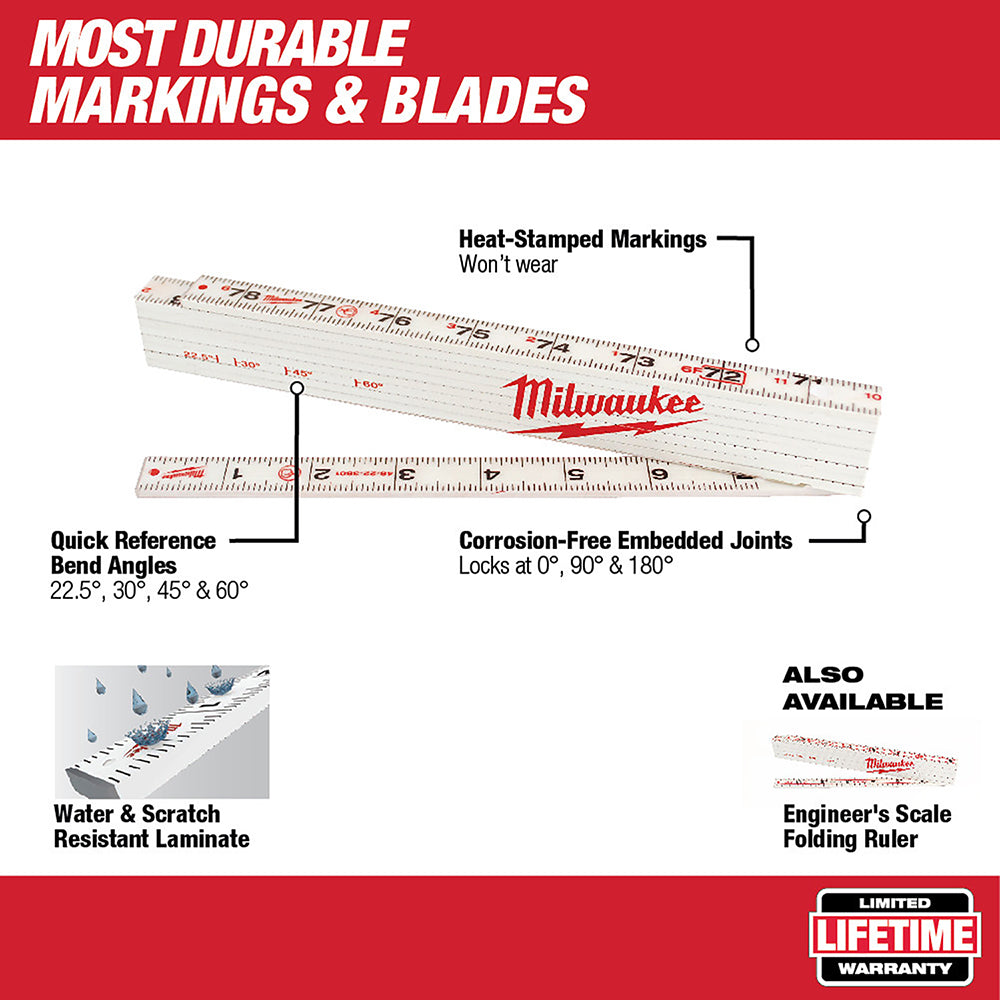 White composite folding rule with red heat-stamped markings, Milwaukee branding, and corrosion-free embedded joints.