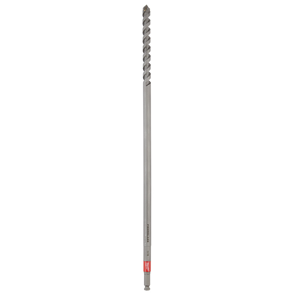 Milwaukee Shockwave 11/16" x 22" fiberglass drill bit with spiral flutes and red band near shaft end.