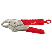 Milwaukee curved jaw locking pliers with metal jaws, red grip handles, and adjustment screw.