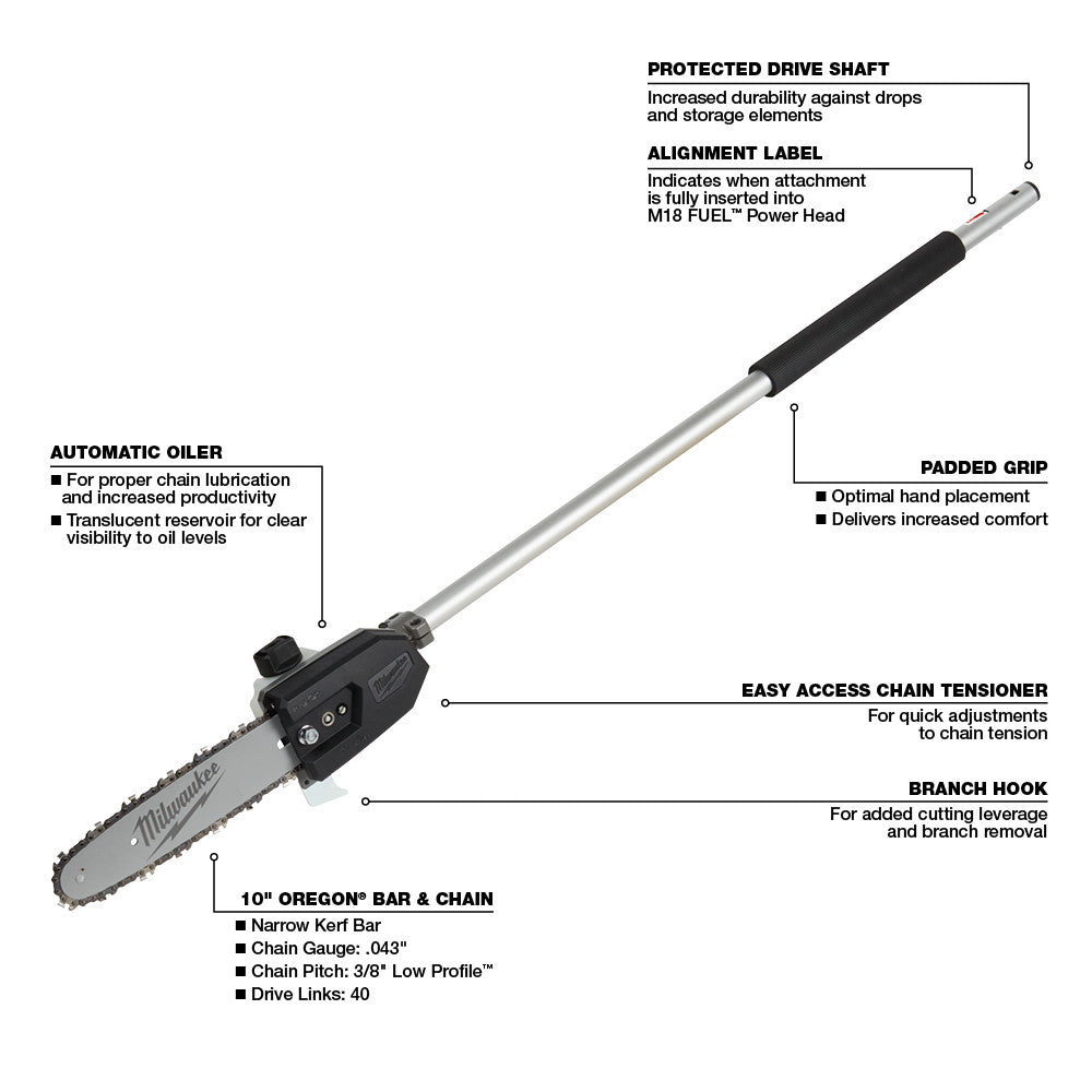 Milwaukee M18 FUEL 10-inch pole saw attachment with padded grip, automatic oiler, and Oregon bar and chain.