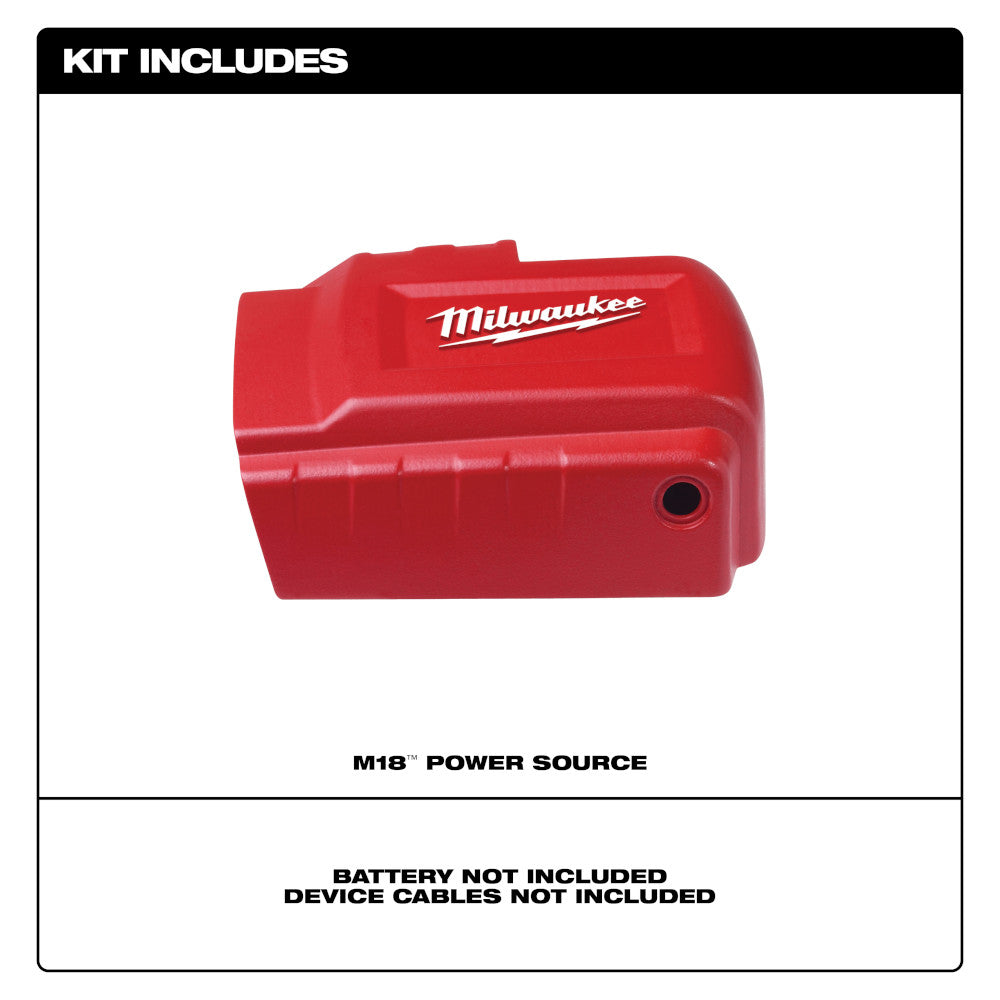 Red Milwaukee M18 Power Source with white logo and small circular port on side.