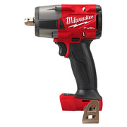 Milwaukee M18 FUEL 1/2-inch mid-torque impact wrench with pin detent socket attachment and black grip handle.