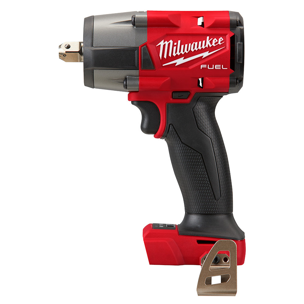 Milwaukee M18 FUEL 1/2-inch mid-torque impact wrench with pin detent socket attachment and black grip handle.